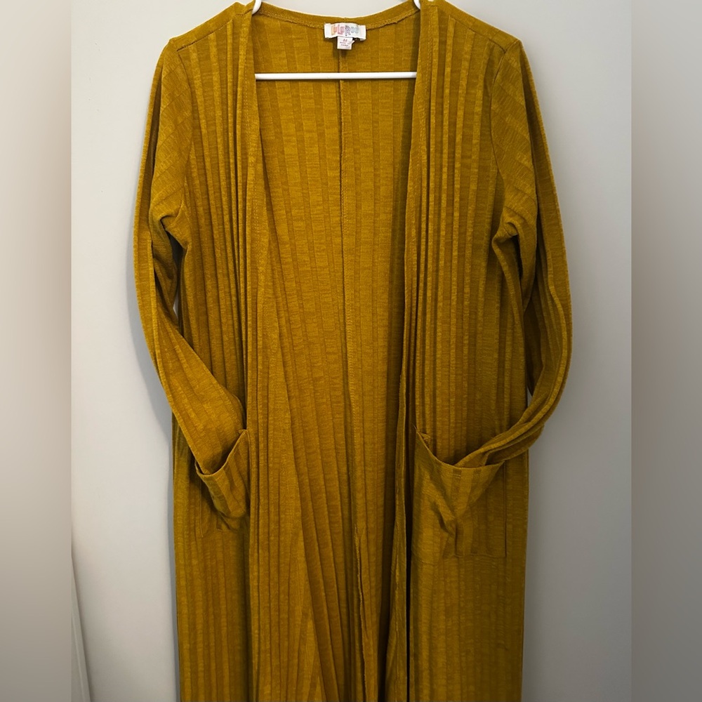 LuLaRoe Mustard Gold Duster Long Open Cardigan with front pockets Size Medium